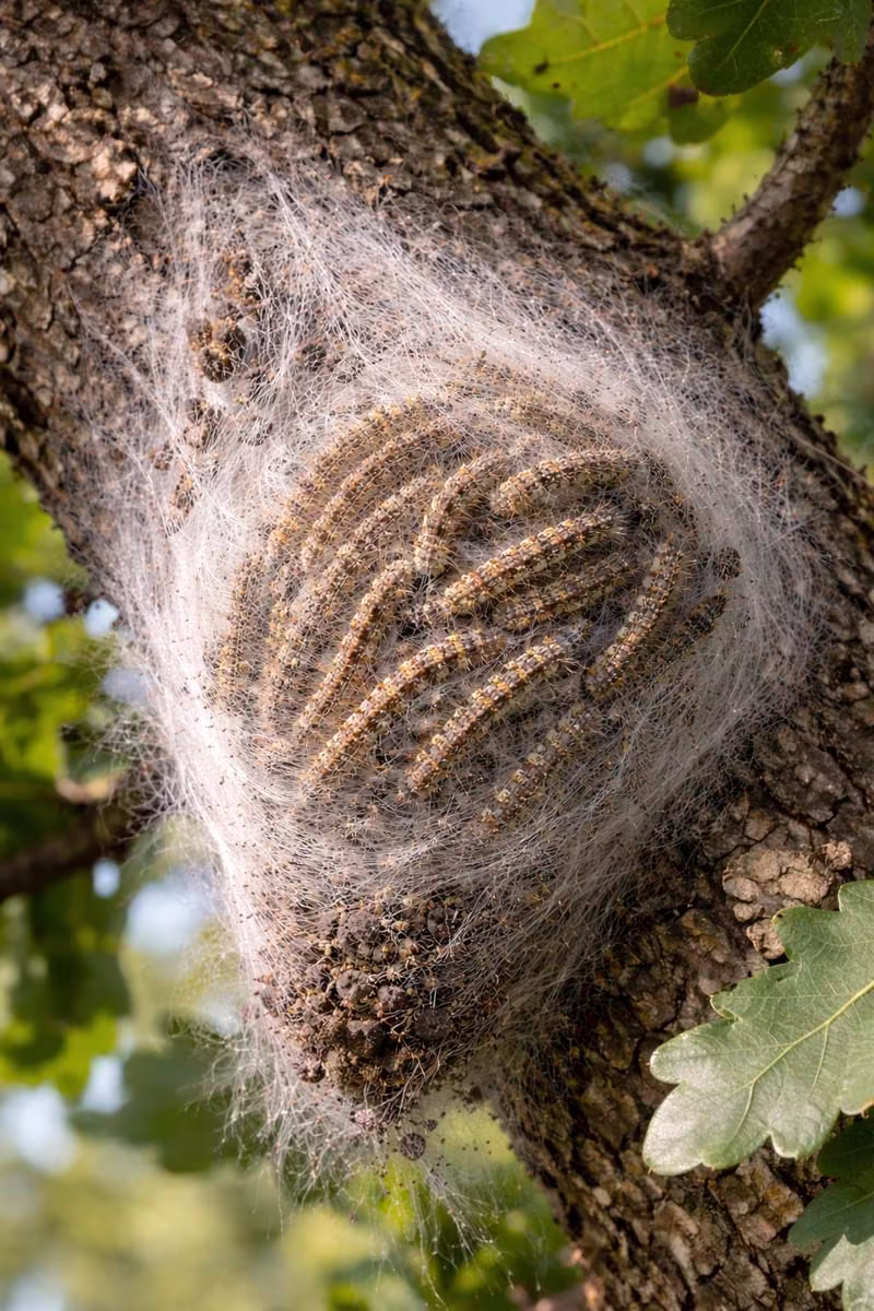 Cocon brun dense de chenilles processionnaires du chêne collé au tronc d'un chêne, région parisienne