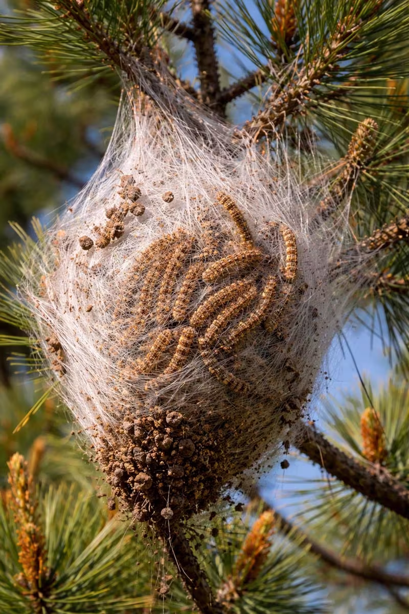 Nid soyeux blanc de chenilles processionnaires du pin au bout d'une branche de pin en hiver, Haute-Savoie
