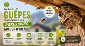 Guêpes en alerte autour d’un nid installé sous une toiture