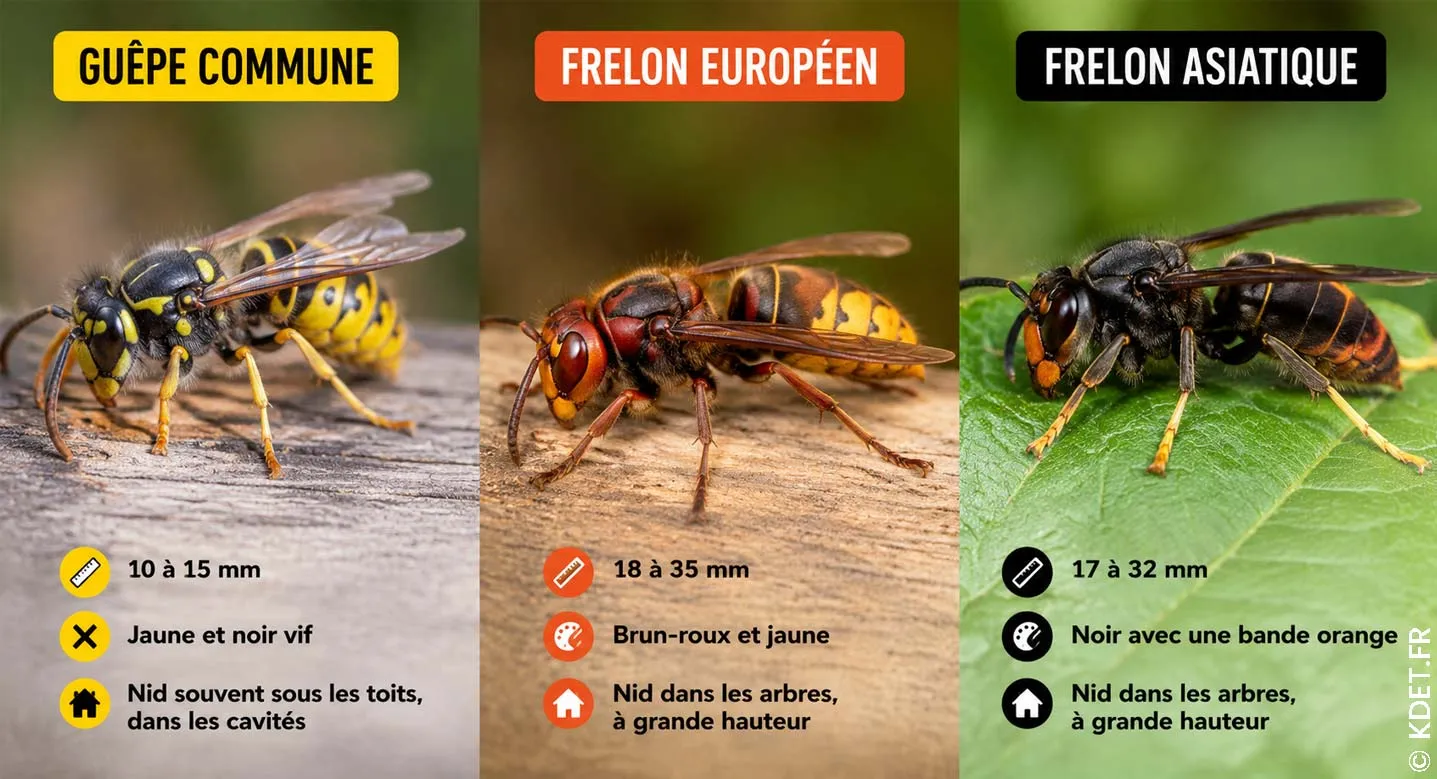 Comparaison visuelle entre une guêpe, un frelon européen et un frelon asiatique