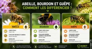 Comparaison entre une abeille, un bourdon et une guêpe dans un jardin