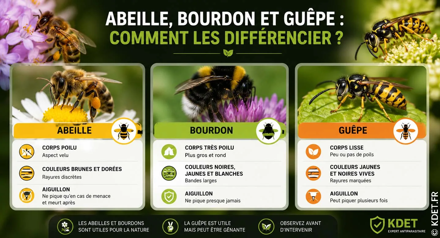 Comparaison entre une abeille, un bourdon et une guêpe dans un jardin