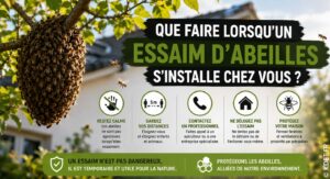 Essaim d'abeilles regroupé sur une branche dans un jardin